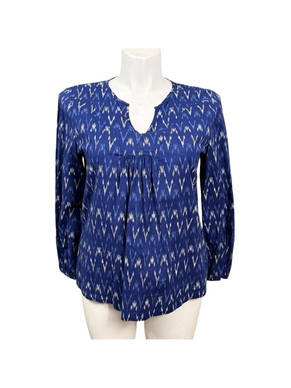 J.Crew Blue Ikat Print Cotton Peasant Blouse Size Large
